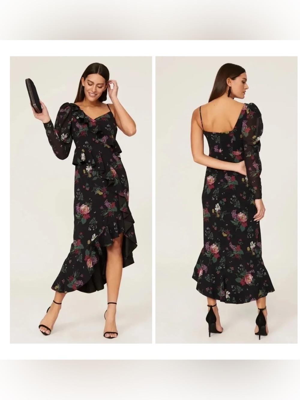Amur Size 8 Pasqualena One Shoulder Asymmetric Black Floral High-Low Midi Dress